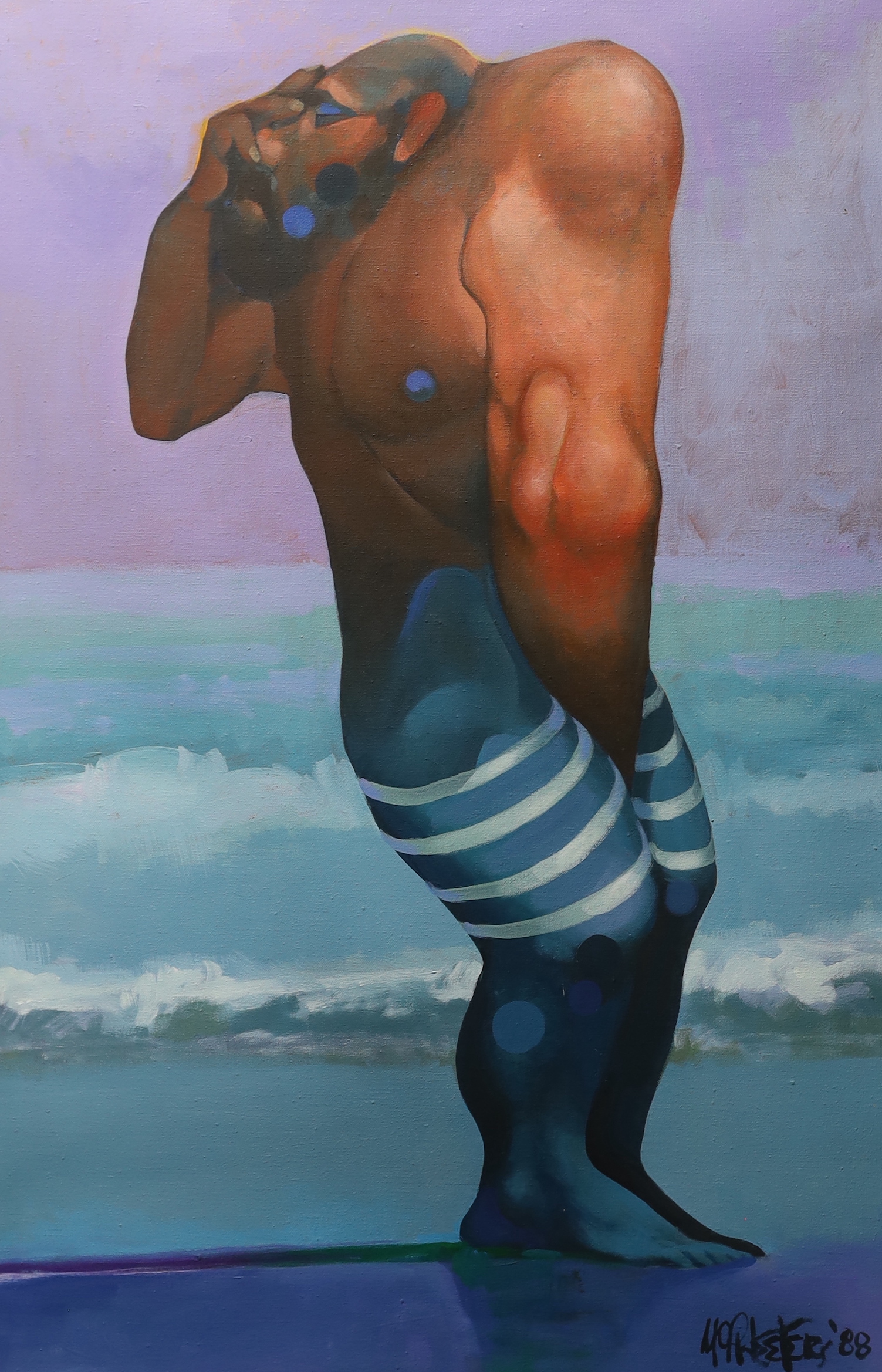 Neal McPheeters (American, b.1939), acrylic on canvas, Bather on the shoreline, signed and dated '88, 91 x 61cm, unframed